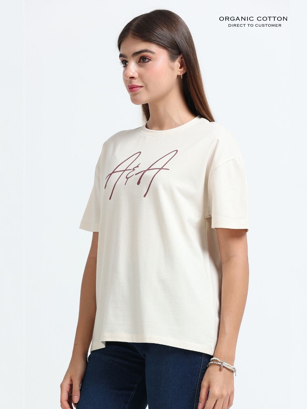 Womens Organic Cotton Oversized T-Shirt with Signature Tropical Leaf Art Back Print – Beige