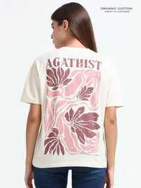 Womens Organic Cotton Oversized T-Shirt with Signature Tropical Leaf Art Back Print – Beige