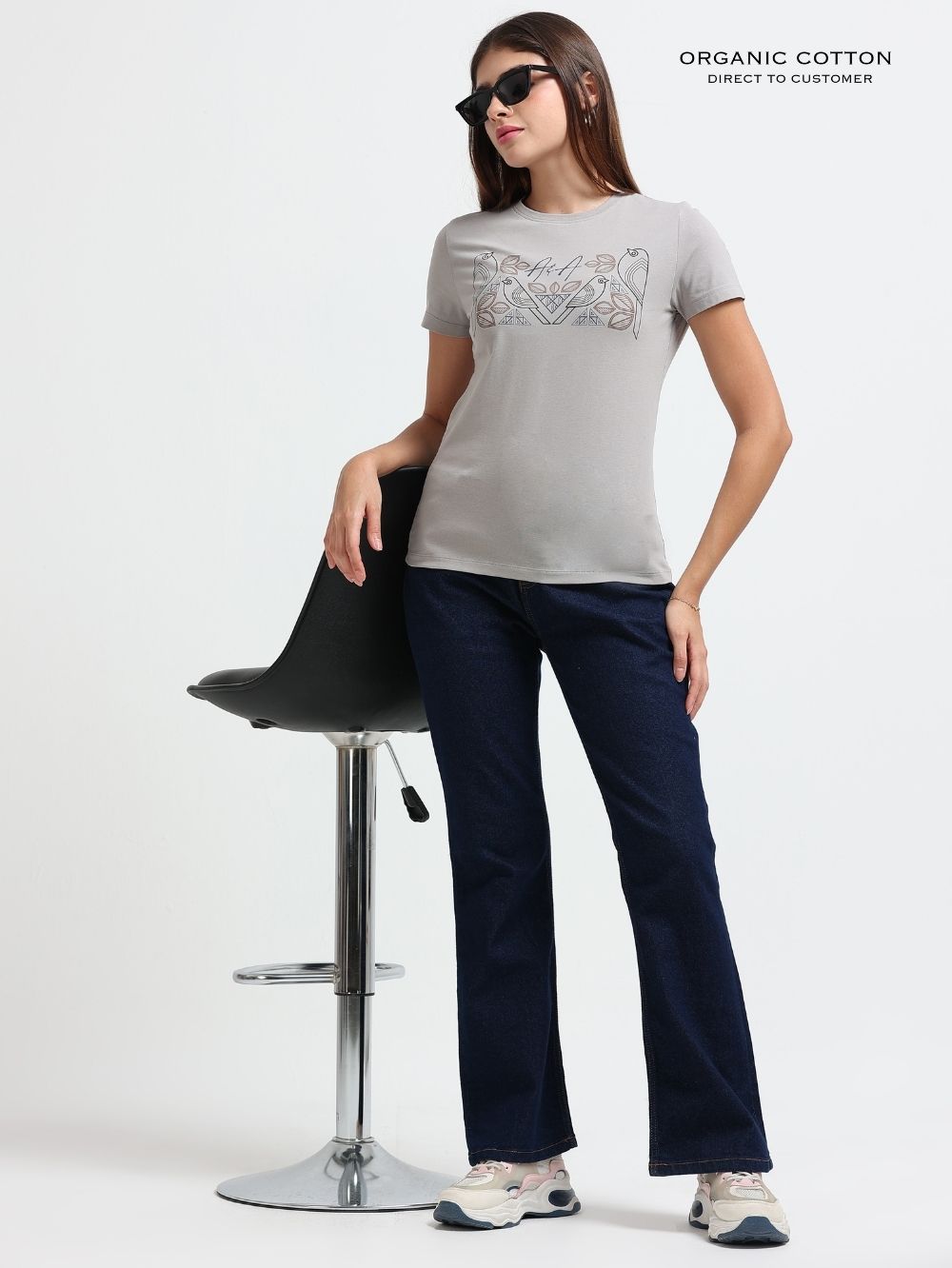 Womens Contemporary Design Casual Cotton Printed T-Shirt - Silver Grey