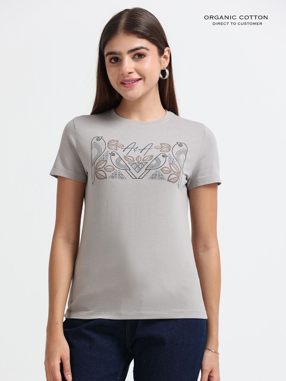 Womens Contemporary Design Casual Cotton Printed T-Shirt - Silver Grey