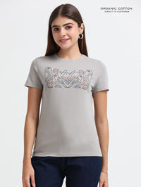 Womens Contemporary Design Casual Cotton Printed T-Shirt - Silver Grey