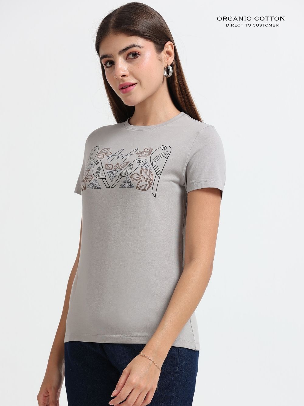 Womens Contemporary Design Casual Cotton Printed T-Shirt - Silver Grey