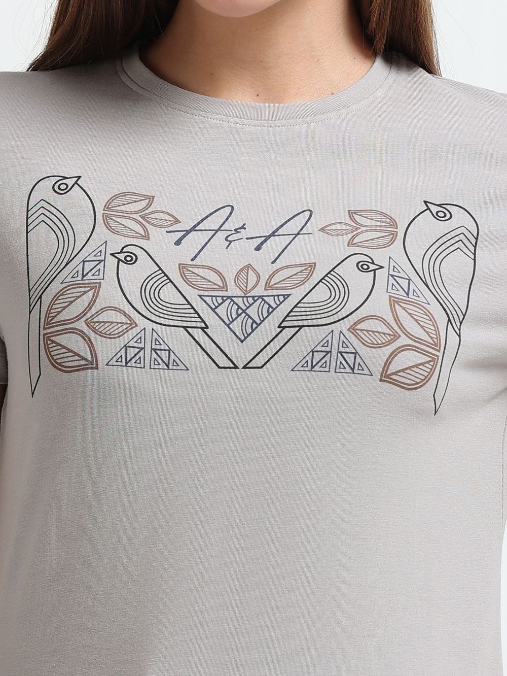 Womens Contemporary Design Casual Cotton Printed T-Shirt - Silver Grey