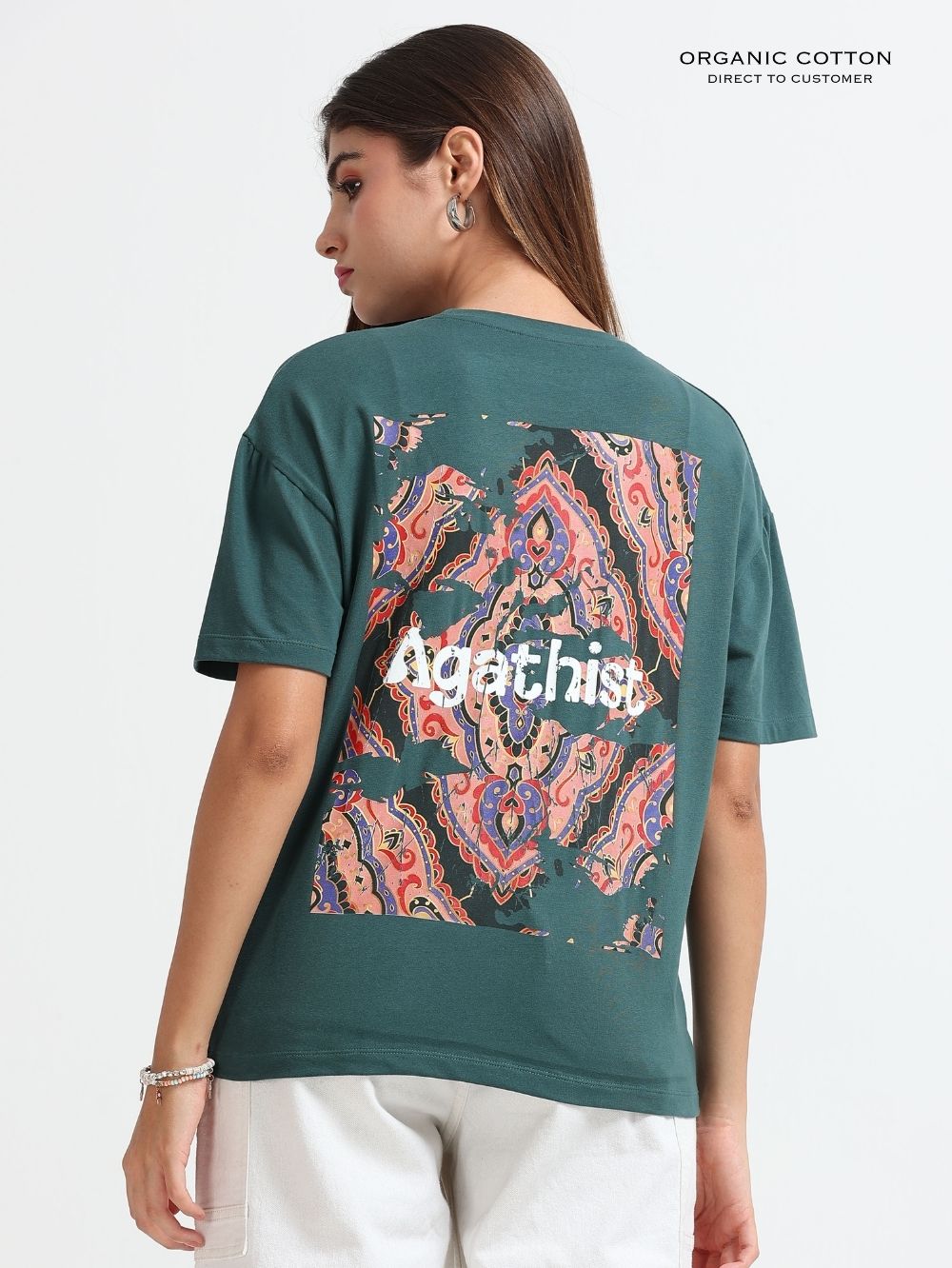 Womens Organic Cotton Oversized T-Shirt With Agathist Paisley Art Print – Dark Green