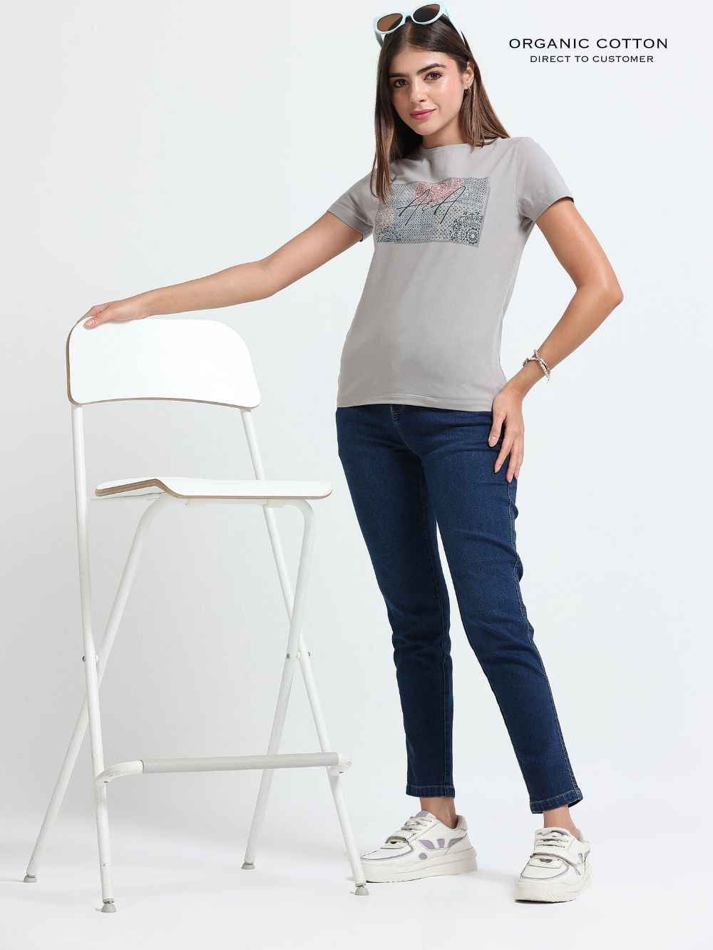 Womens Elegant Tribal Bird Print Organic Cotton Printed T-Shirt – Silver Grey