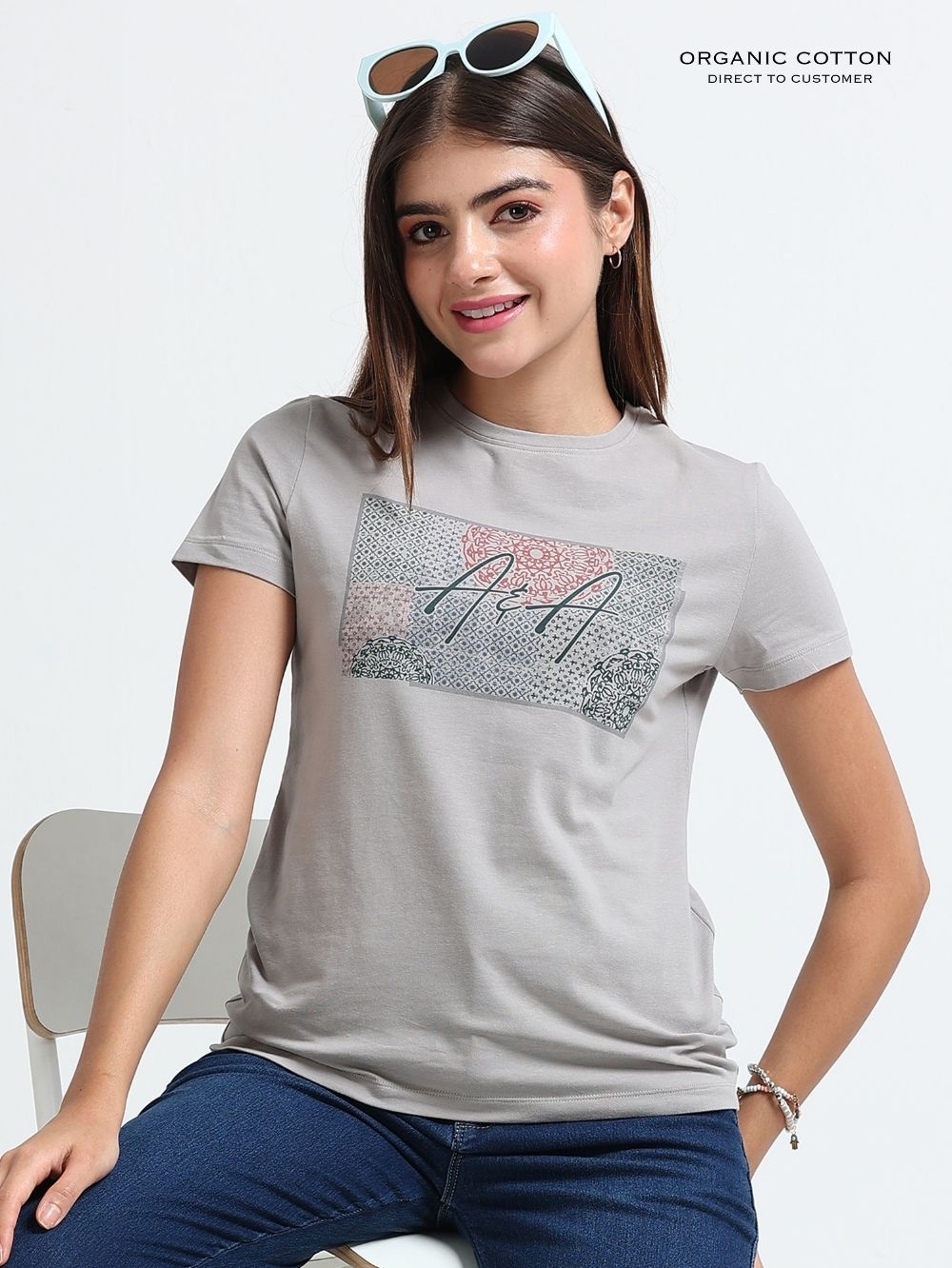 Womens Elegant Tribal Bird Print Organic Cotton Printed T-Shirt – Silver Grey
