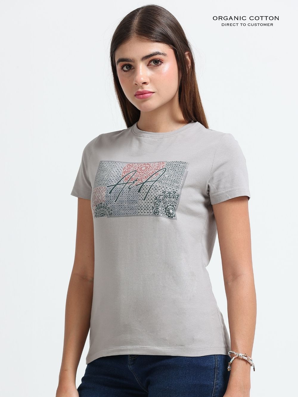 Womens Elegant Tribal Bird Print Organic Cotton Printed T-Shirt – Silver Grey
