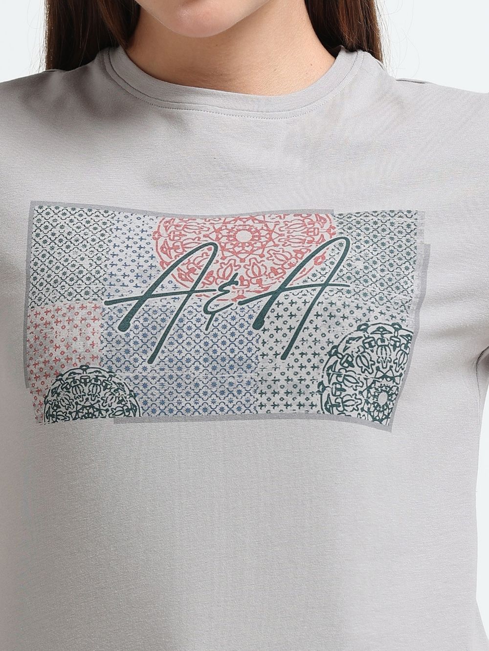Womens Elegant Tribal Bird Print Organic Cotton Printed T-Shirt – Silver Grey