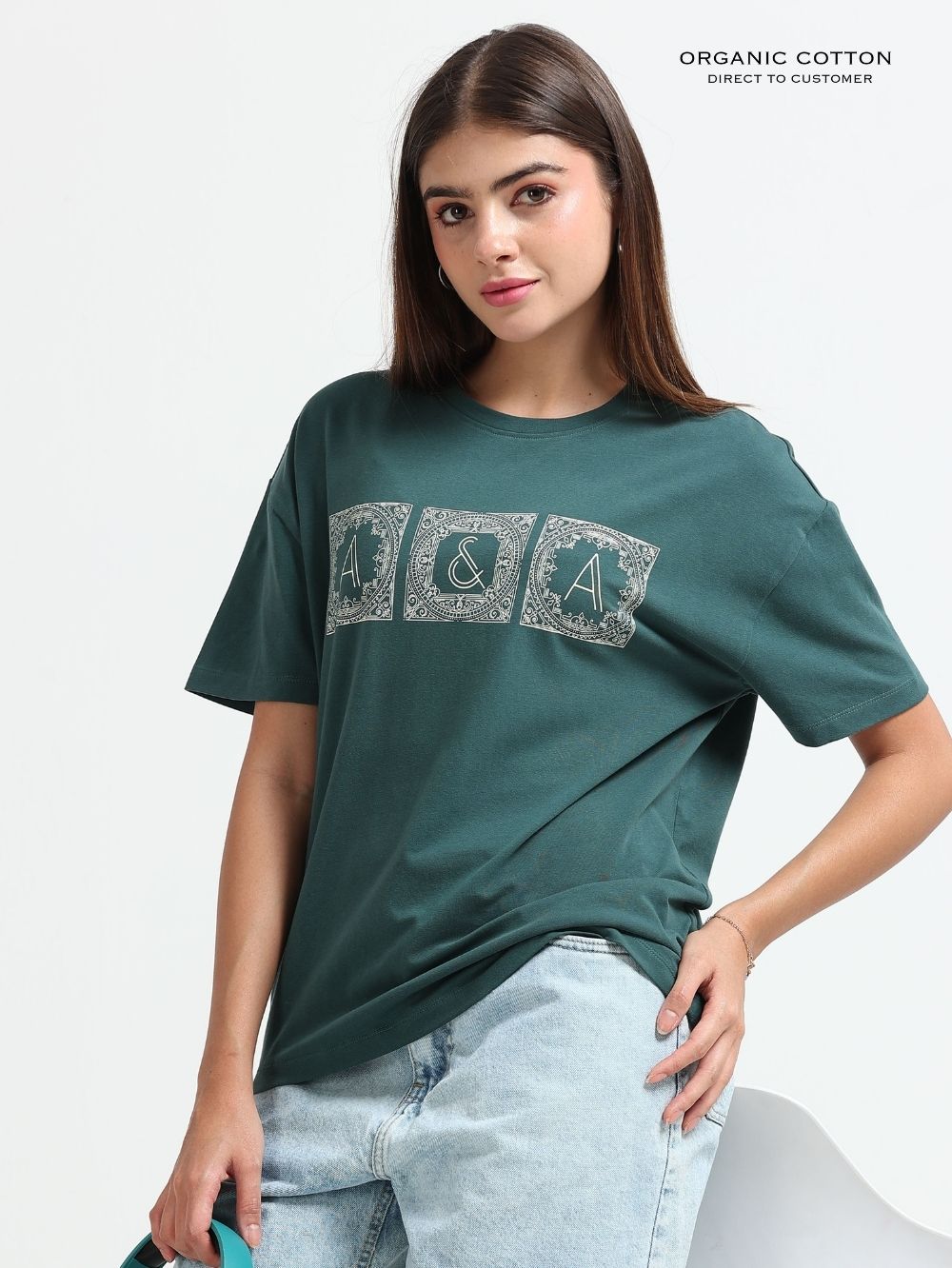 Womens Organic Cotton Oversized T-Shirt With A&A Vintage Frame Print – Dark Green