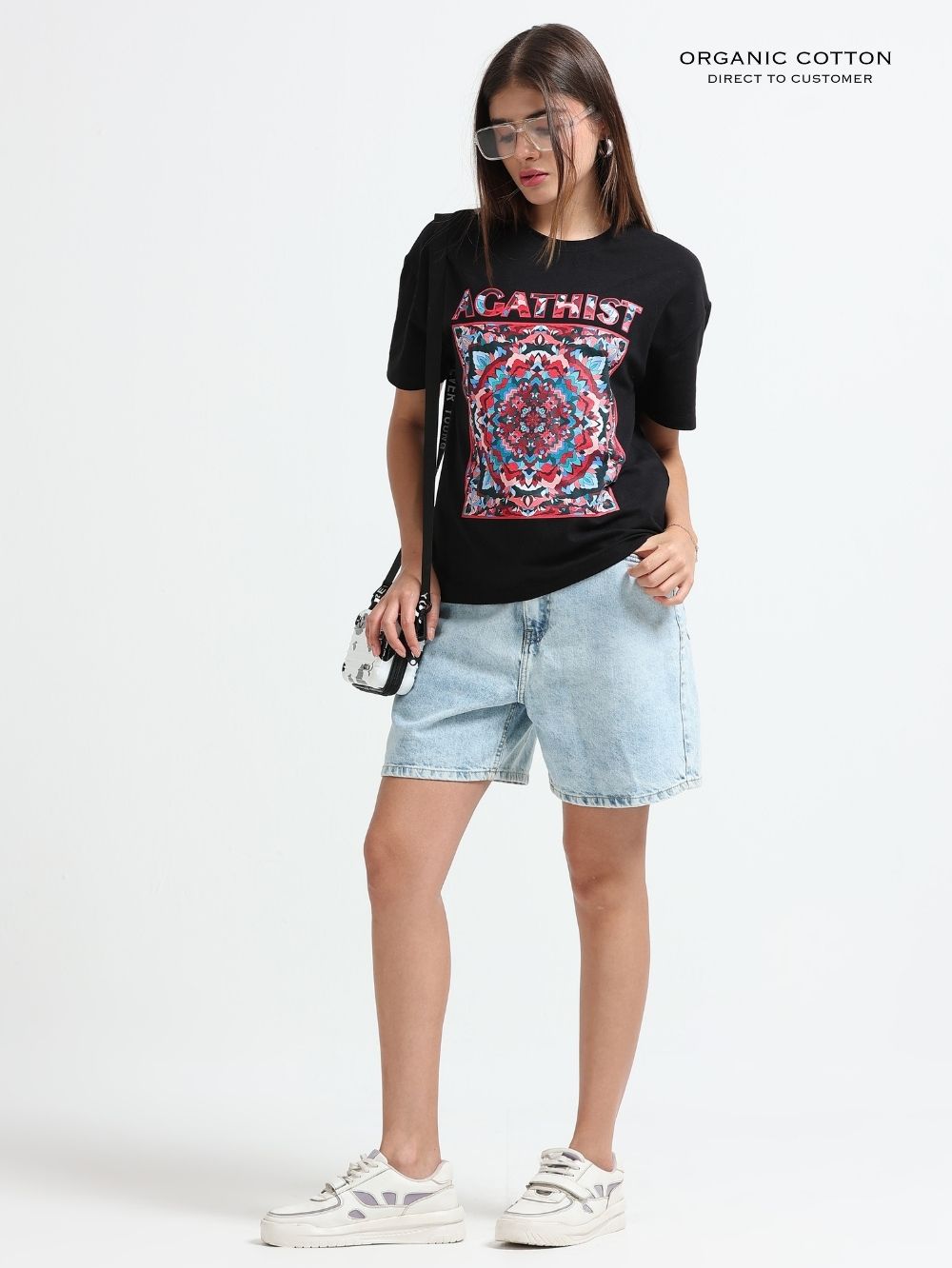 Womens Oversized T-Shirt with Colorful Mandala “AGATHIST” Print - Black