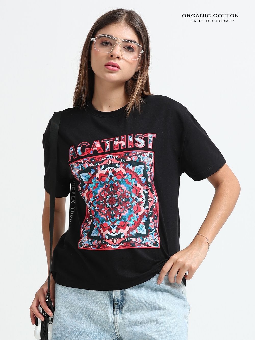Womens Oversized T-Shirt with Colorful Mandala “AGATHIST” Print - Black