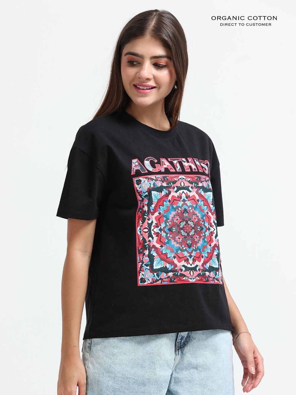 Womens Oversized T-Shirt with Colorful Mandala “AGATHIST” Print - Black
