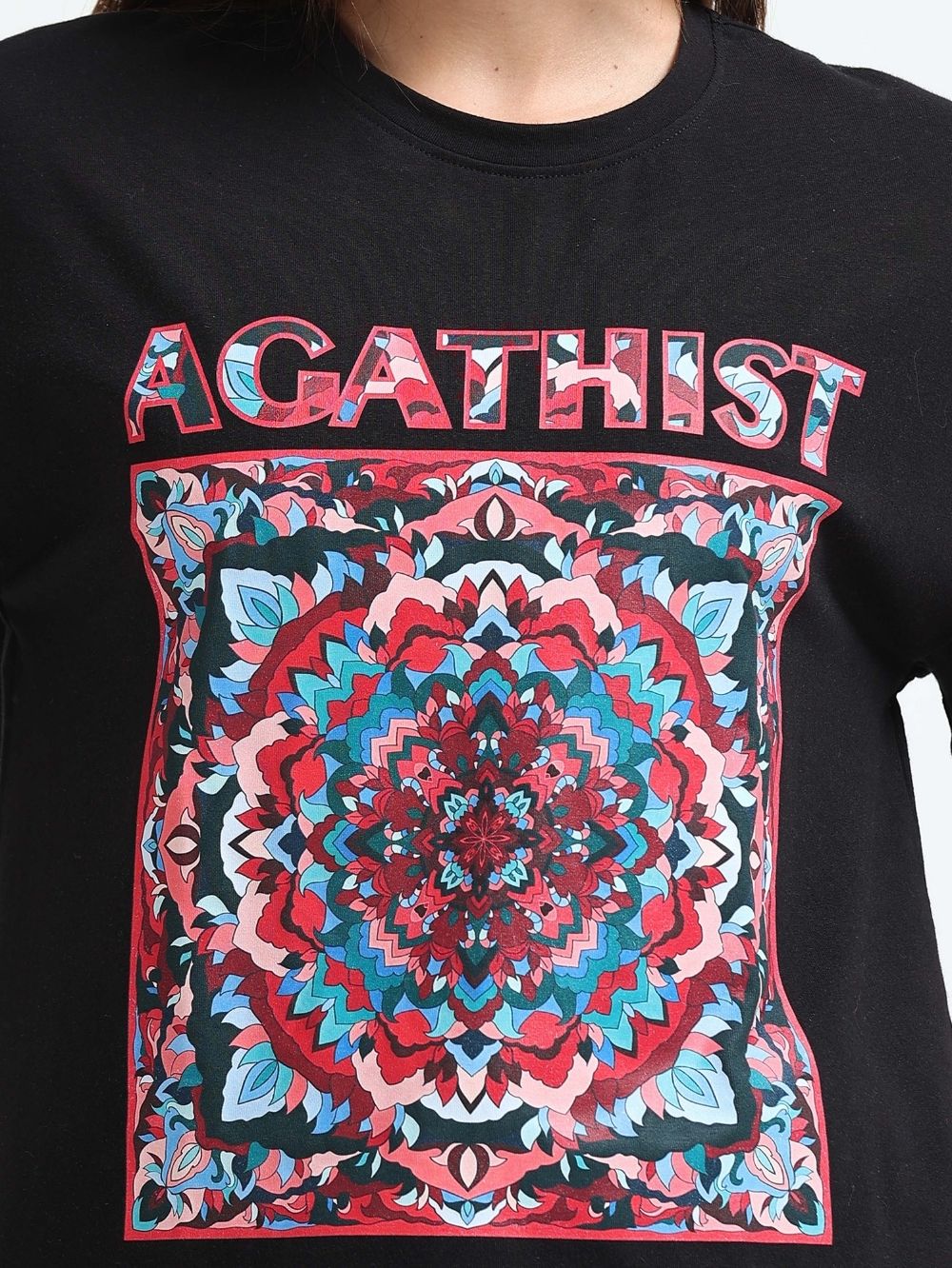 Womens Oversized T-Shirt with Colorful Mandala “AGATHIST” Print - Black