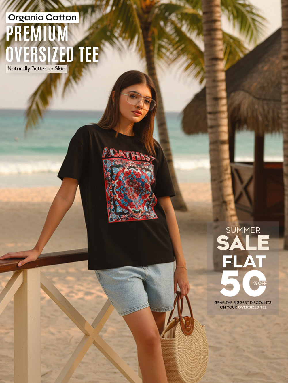 Womens Oversized T-Shirt with Colorful Mandala “AGATHIST” Print - Black