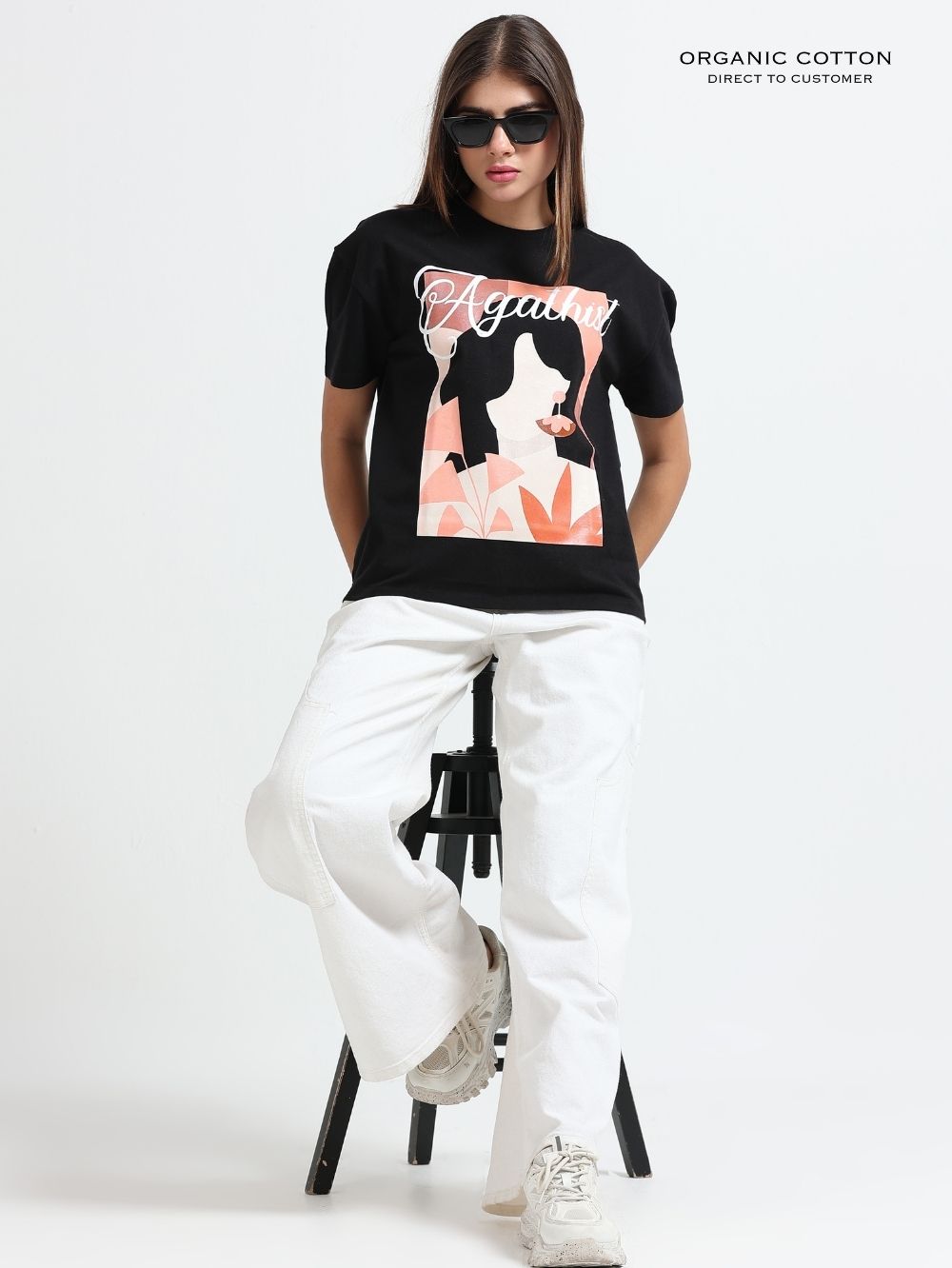 Womens Oversized T-Shirt with Abstract Girl Silhouette Graphic in Peach Tones - Black