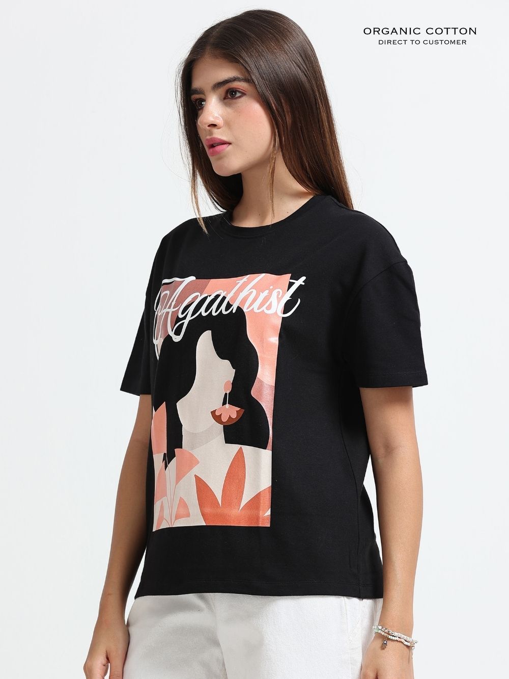 Womens Oversized T-Shirt with Abstract Girl Silhouette Graphic in Peach Tones - Black