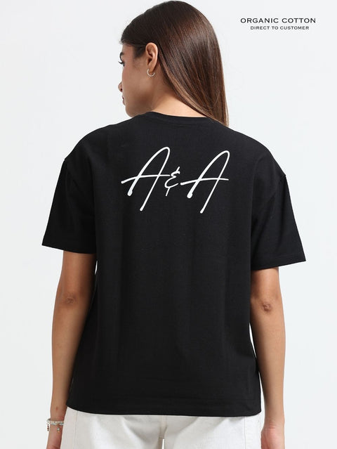 Womens Oversized T-Shirt with Abstract Girl Silhouette Graphic in Peach Tones - Black