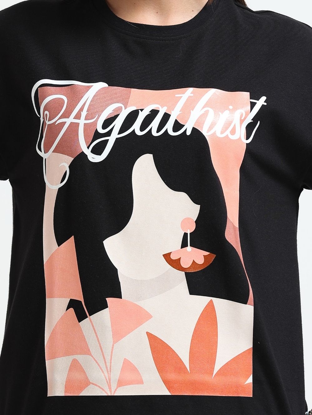 Womens Oversized T-Shirt with Abstract Girl Silhouette Graphic in Peach Tones - Black