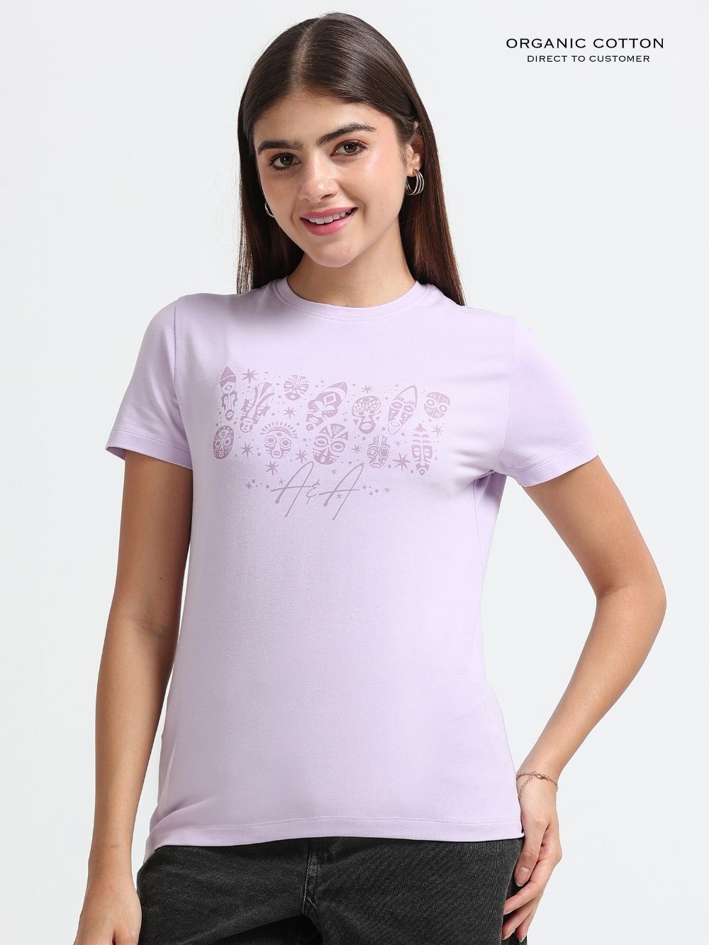 Womens Soft Cotton Subtle Monochrome Symbol Print T-shirt - Light Purple