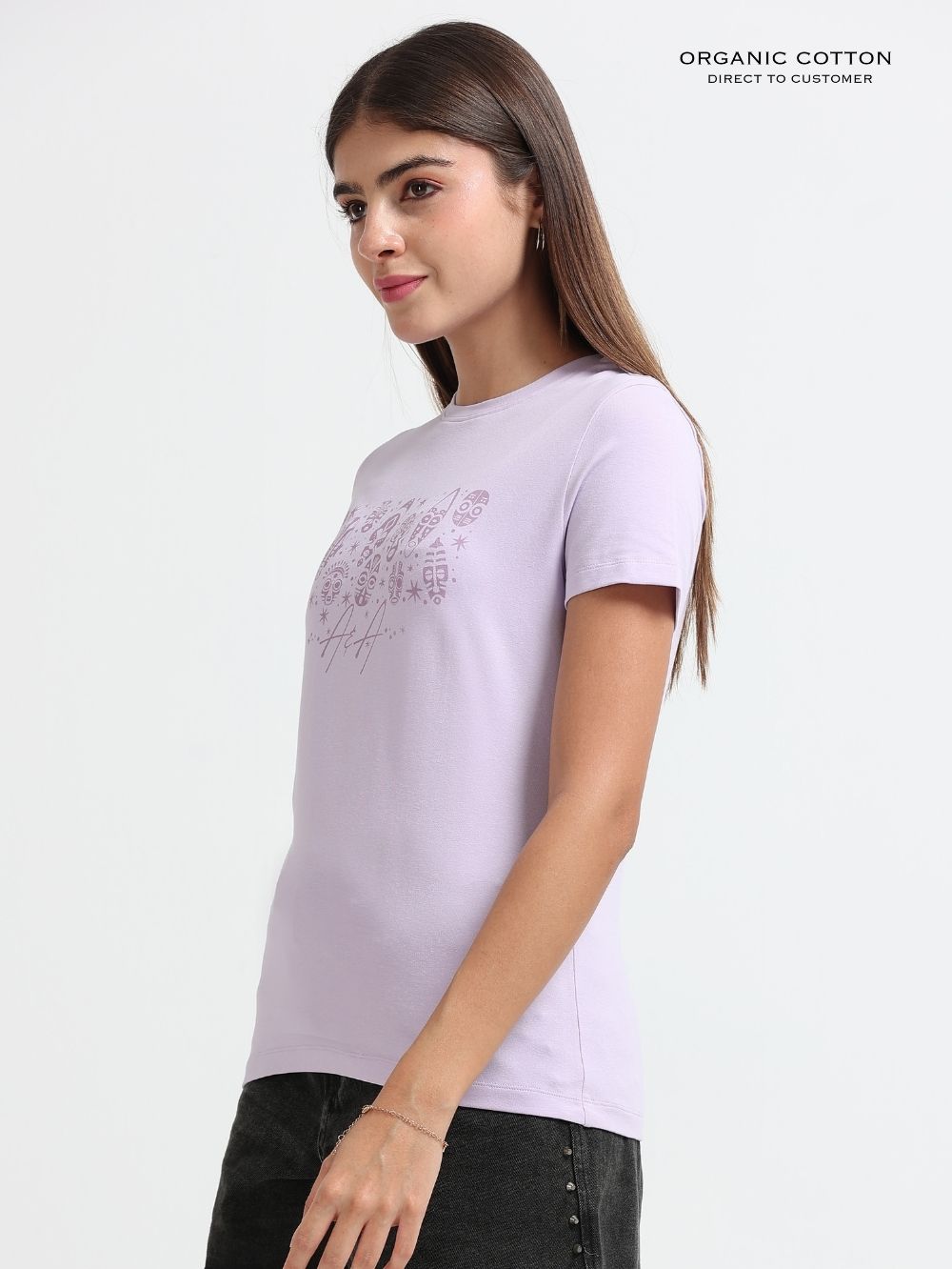 Womens Soft Cotton Subtle Monochrome Symbol Print T-shirt - Light Purple
