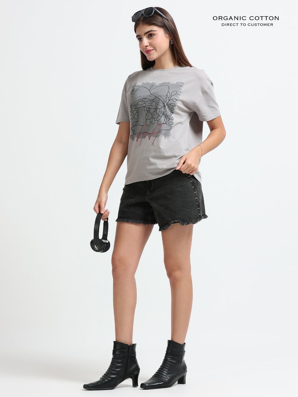 Womens Oversized T-Shirt with Vintage Mushroom Botanical Print Design - Silver Grey