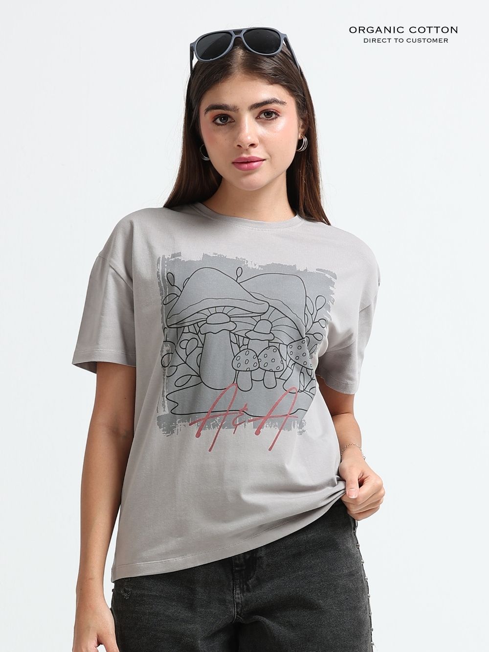 Womens Oversized T-Shirt with Vintage Mushroom Botanical Print Design - Silver Grey