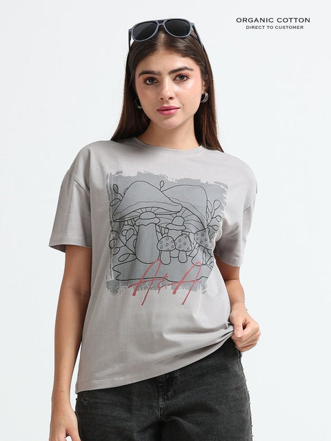Womens Oversized T-Shirt with Vintage Mushroom Botanical Print Design - Silver Grey