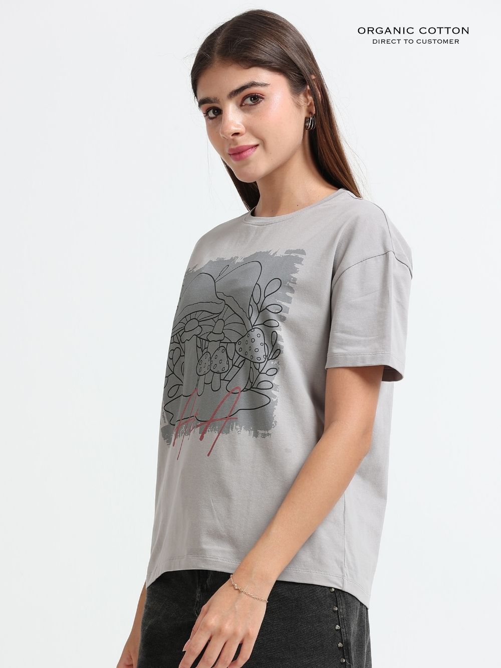 Womens Oversized T-Shirt with Vintage Mushroom Botanical Print Design - Silver Grey