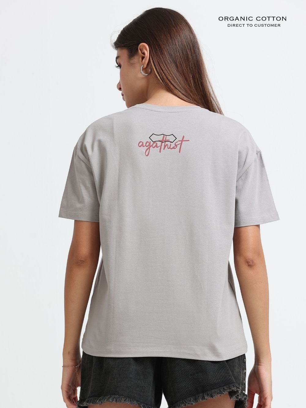Womens Oversized T-Shirt with Vintage Mushroom Botanical Print Design - Silver Grey