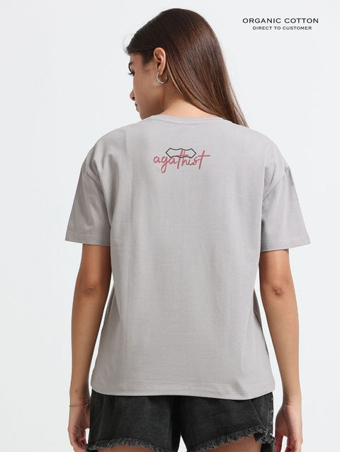 Womens Oversized T-Shirt with Vintage Mushroom Botanical Print Design - Silver Grey