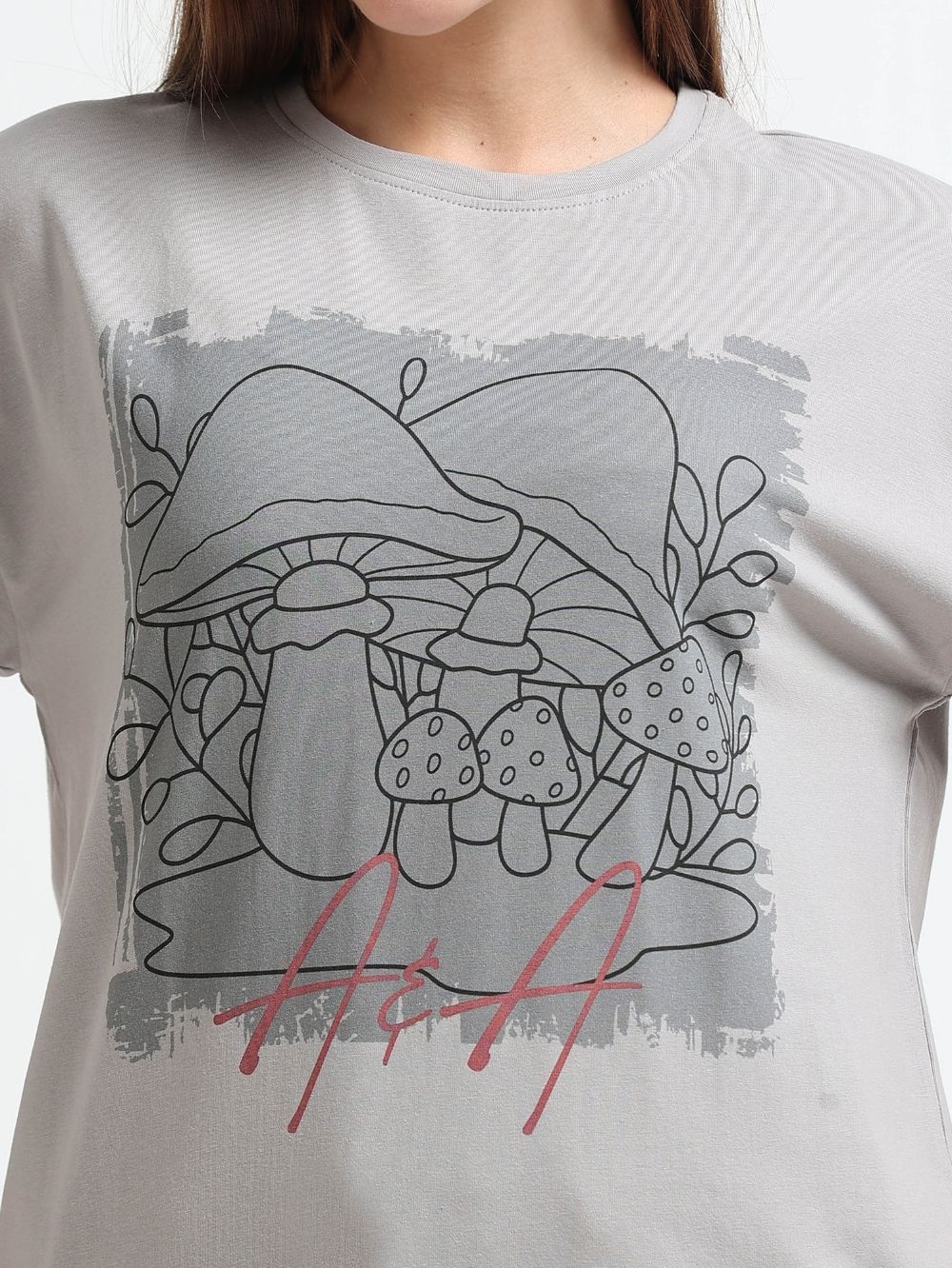 Womens Oversized T-Shirt with Vintage Mushroom Botanical Print Design - Silver Grey