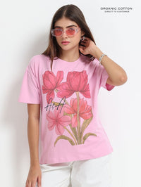 Womens Organic Cotton Oversize T-shirt with Garden Flower Print - Light Pink