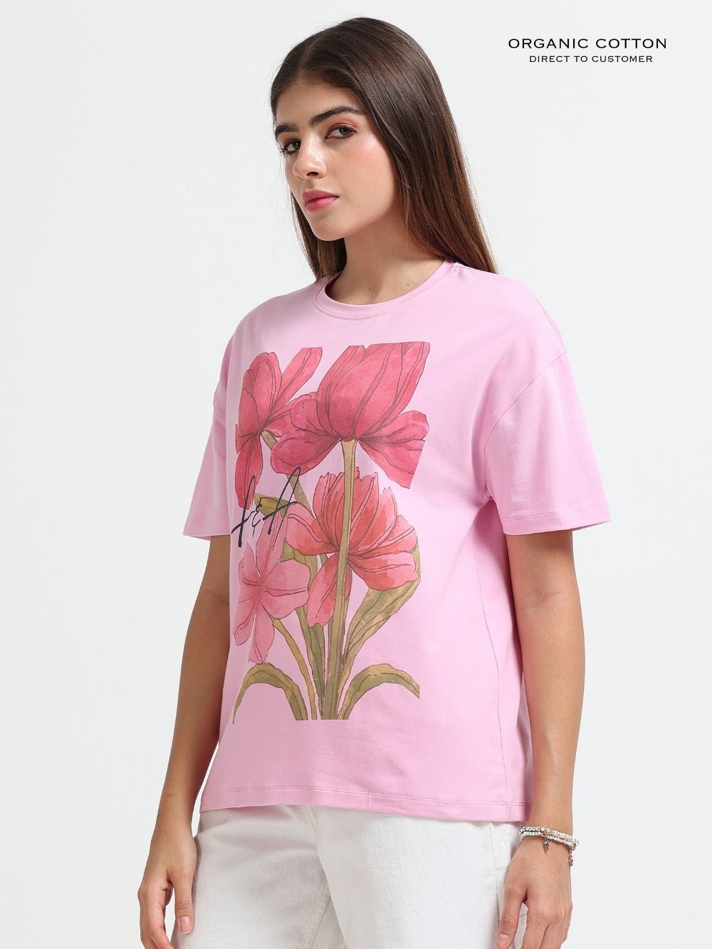 Womens Organic Cotton Oversize T-shirt with Garden Flower Print - Light Pink
