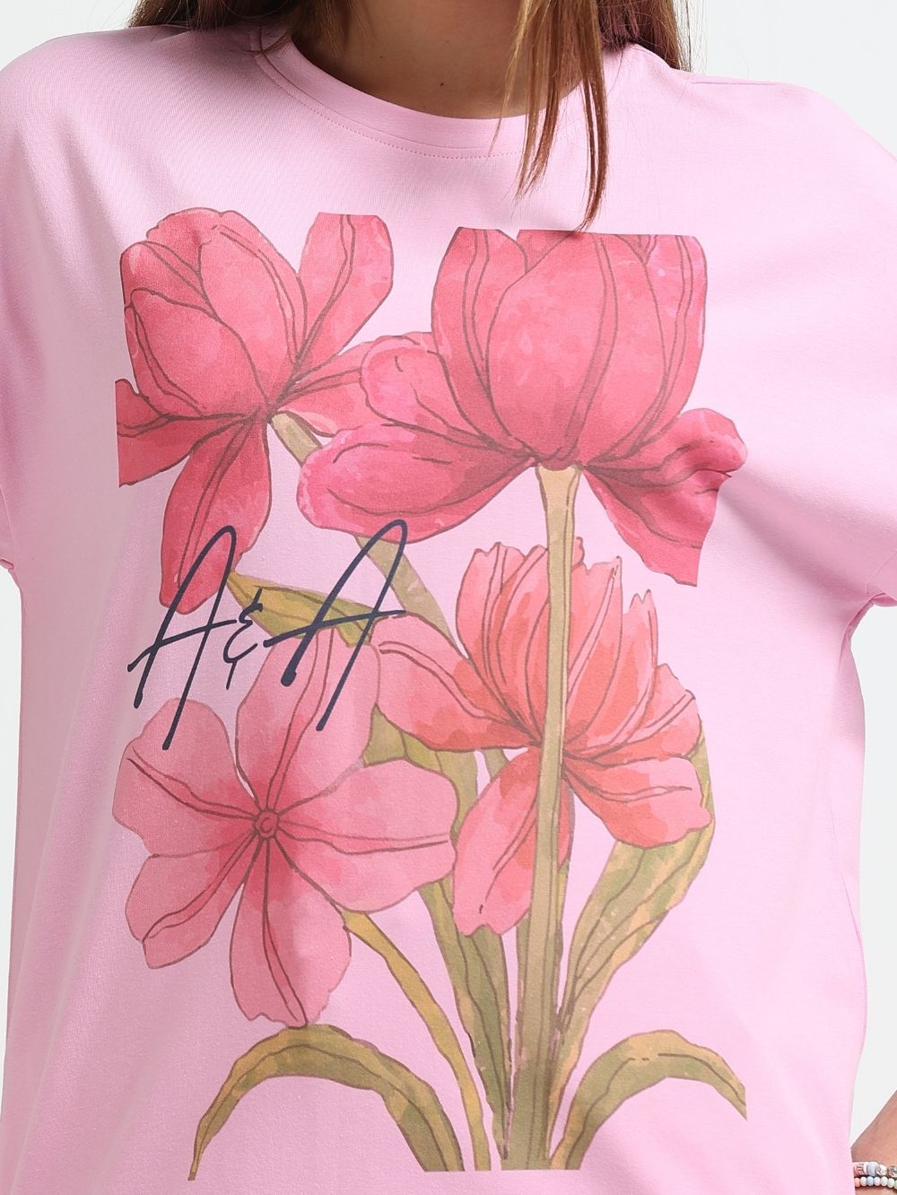 Womens Organic Cotton Oversize T-shirt with Garden Flower Print - Light Pink