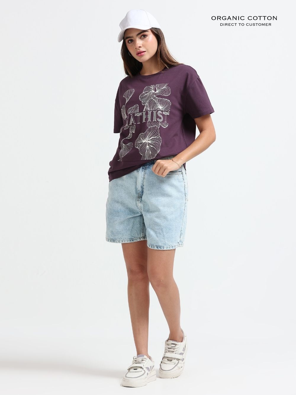 Womens Organic Cotton Oversize T-shirt with Agathist Leaf Print T-Shirt - Wine