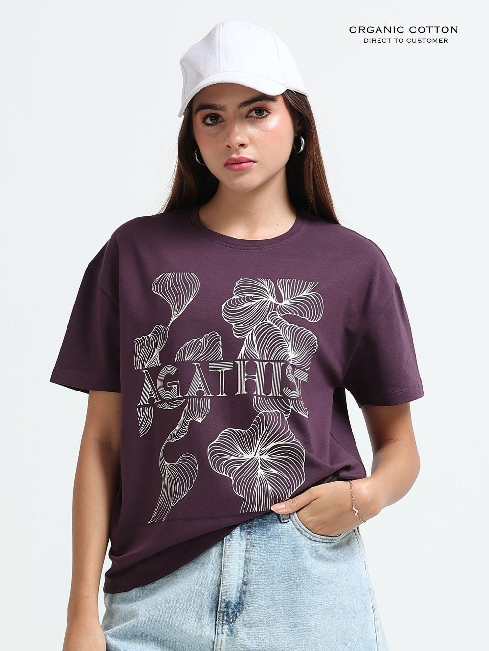 Womens Organic Cotton Oversize T-shirt with Agathist Leaf Print T-Shirt - Wine