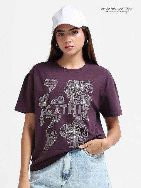 Womens Organic Cotton Oversize T-shirt with Agathist Leaf Print T-Shirt - Wine