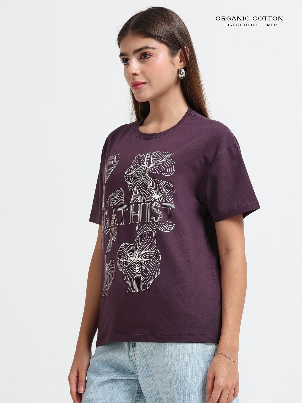Womens Organic Cotton Oversize T-shirt with Agathist Leaf Print T-Shirt - Wine