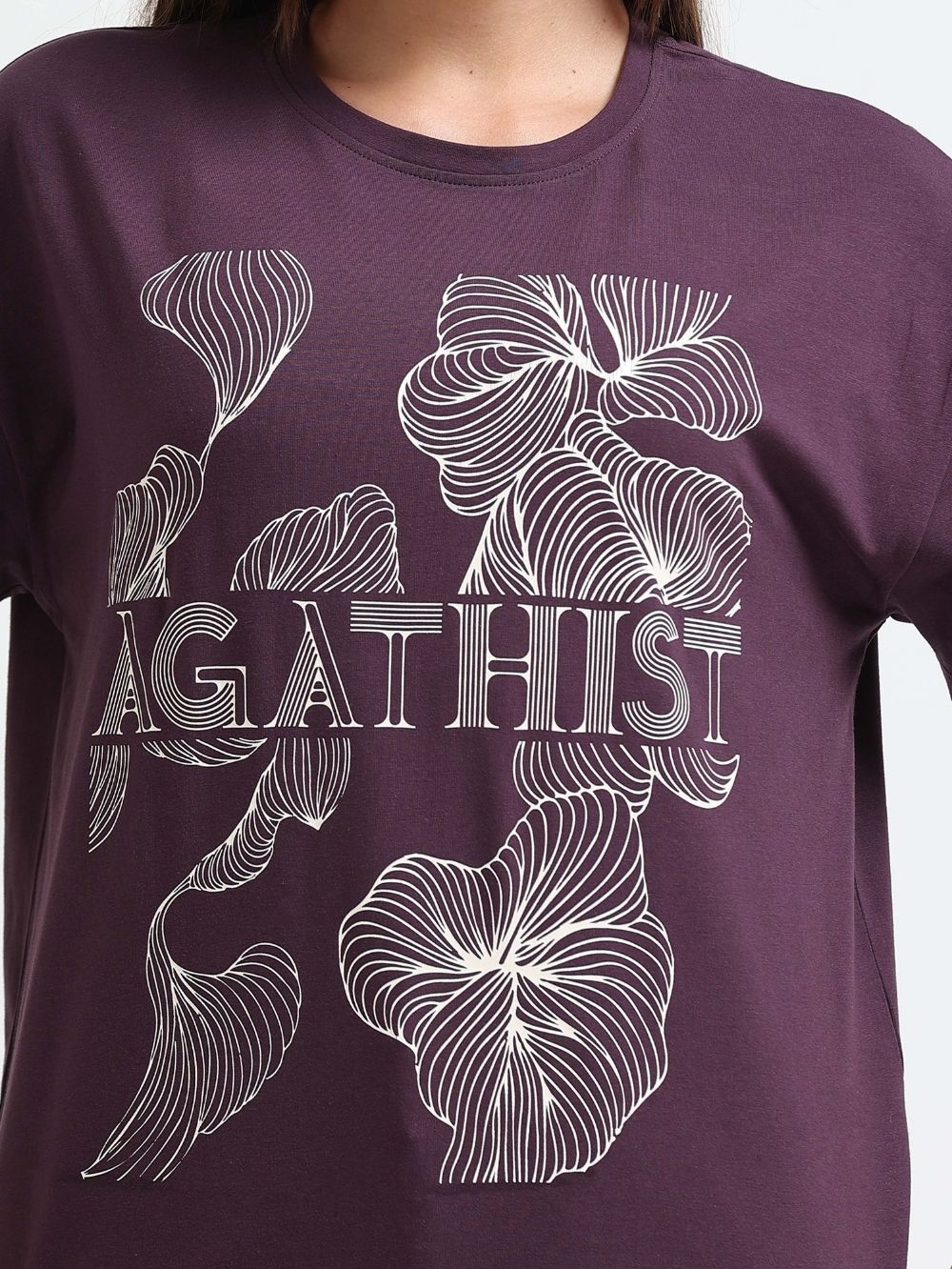 Womens Organic Cotton Oversize T-shirt with Agathist Leaf Print T-Shirt - Wine