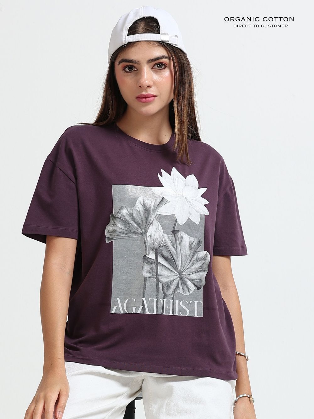 Womens Organic Cotton Oversize T-Shirt with Nature Lotus Sketch Print - Wine
