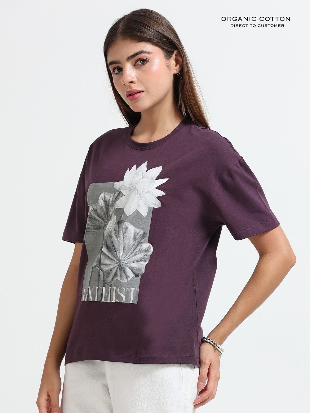 Womens Organic Cotton Oversize T-Shirt with Nature Lotus Sketch Print - Wine