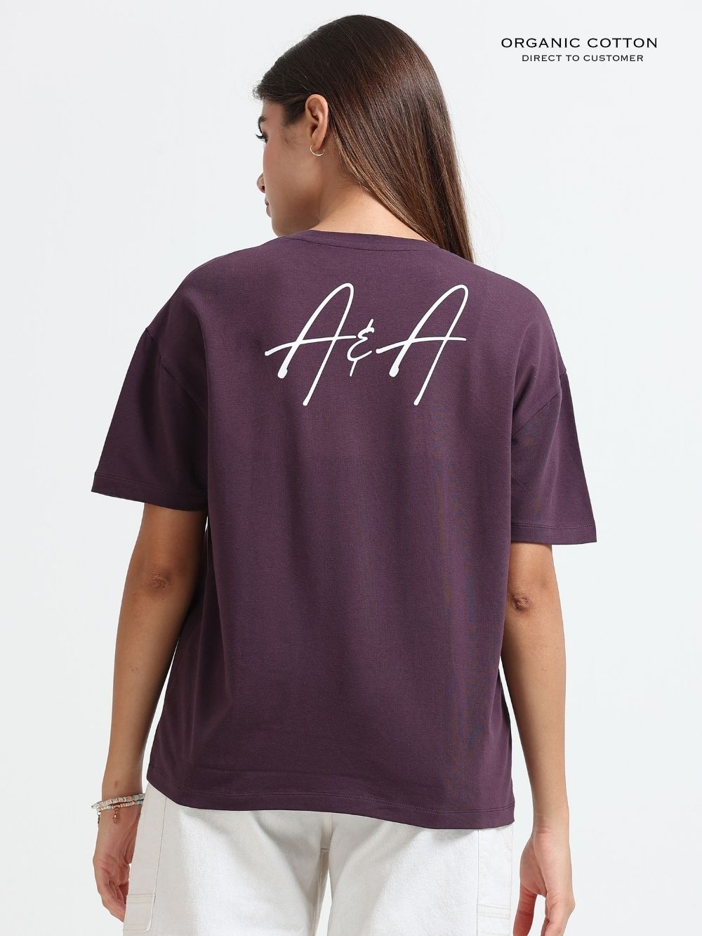 Womens Organic Cotton Oversize T-Shirt with Nature Lotus Sketch Print - Wine
