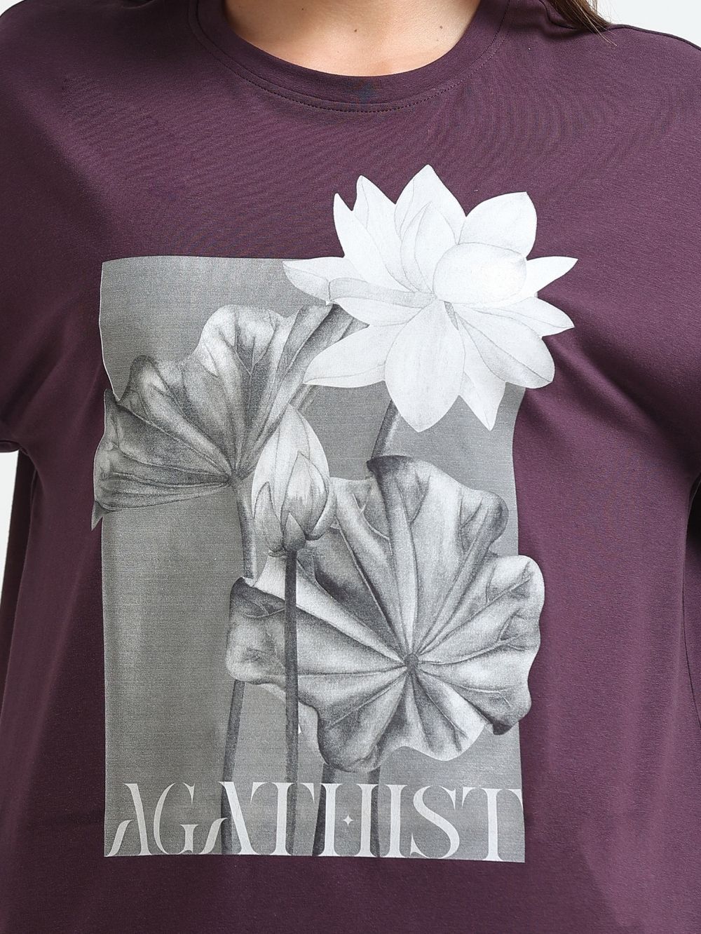Womens Organic Cotton Oversize T-Shirt with Nature Lotus Sketch Print - Wine