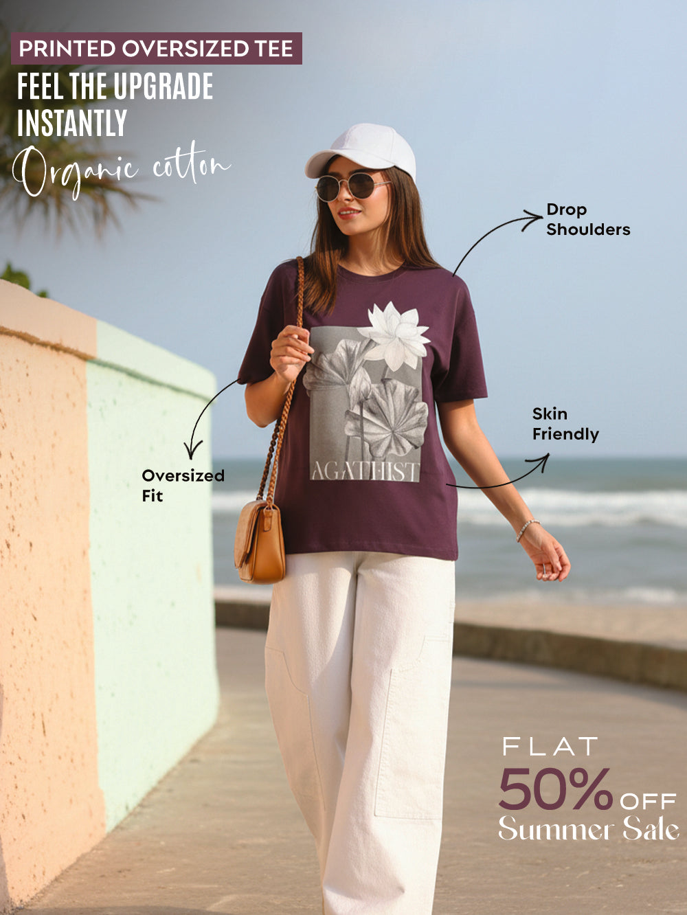 Womens Organic Cotton Oversize T-Shirt with Nature Lotus Sketch Print - Wine