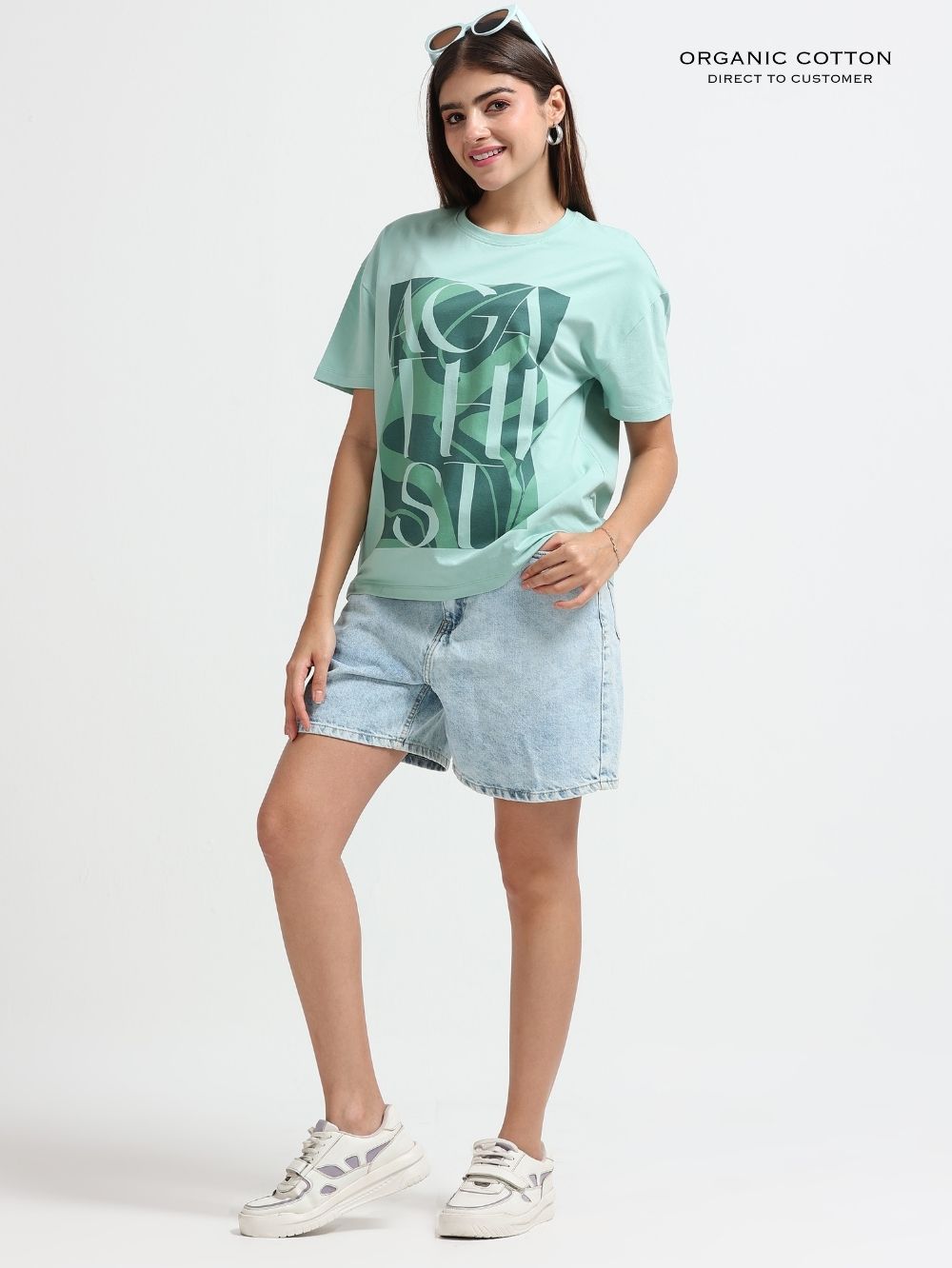 Womens Organic Cotton Contemporary Typography Print Oversize T-Shirt - Cameo Green