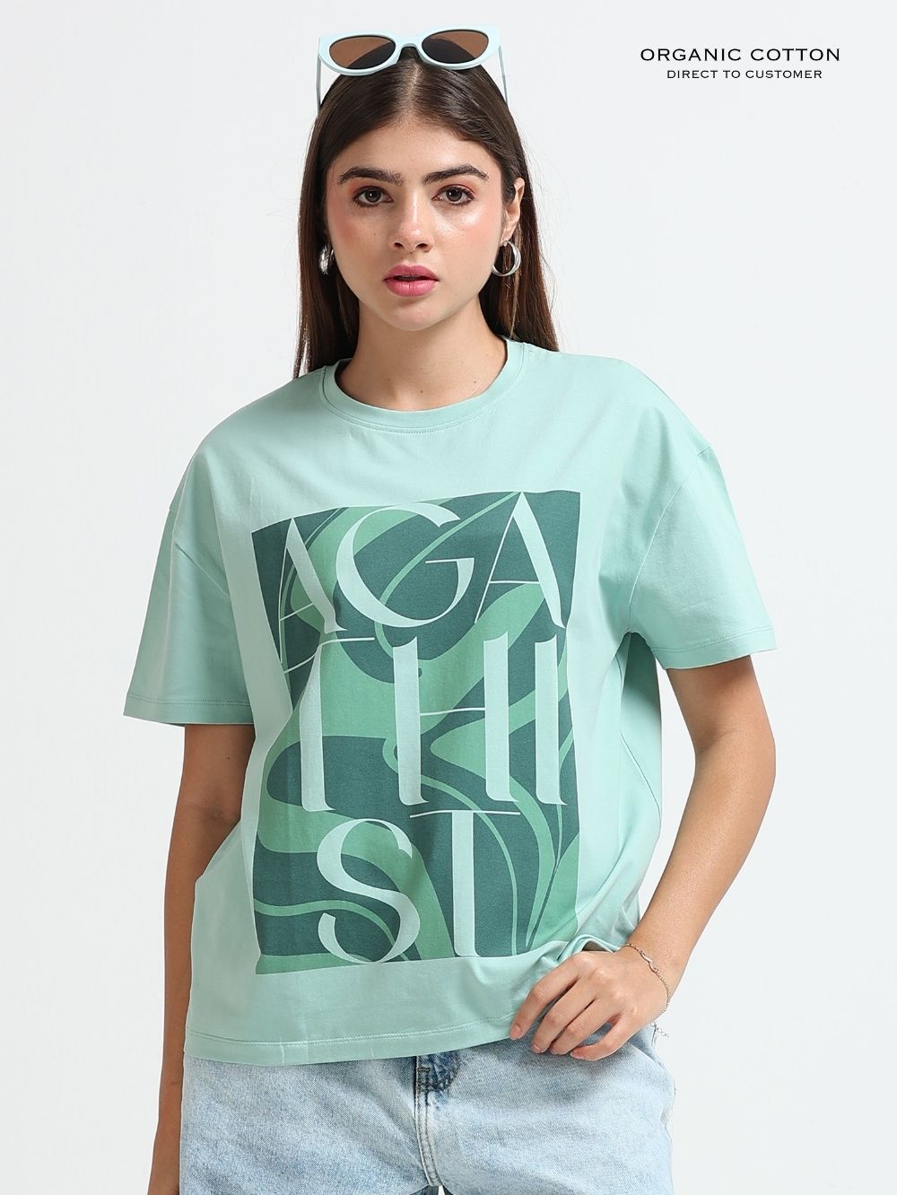 Womens Organic Cotton Contemporary Typography Print Oversize T-Shirt - Cameo Green