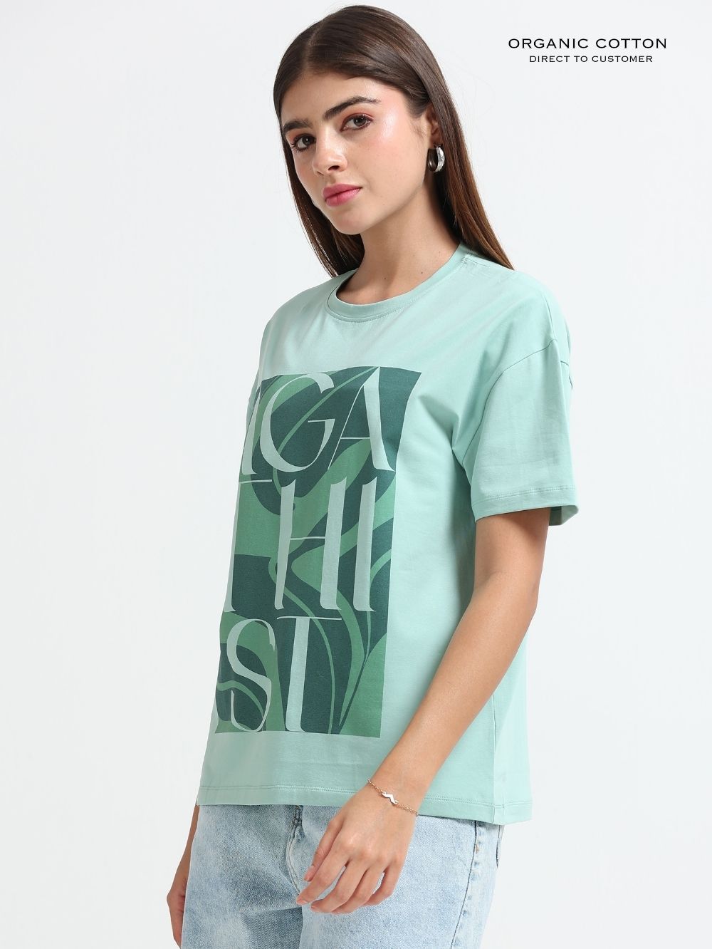 Womens Organic Cotton Contemporary Typography Print Oversize T-Shirt - Cameo Green