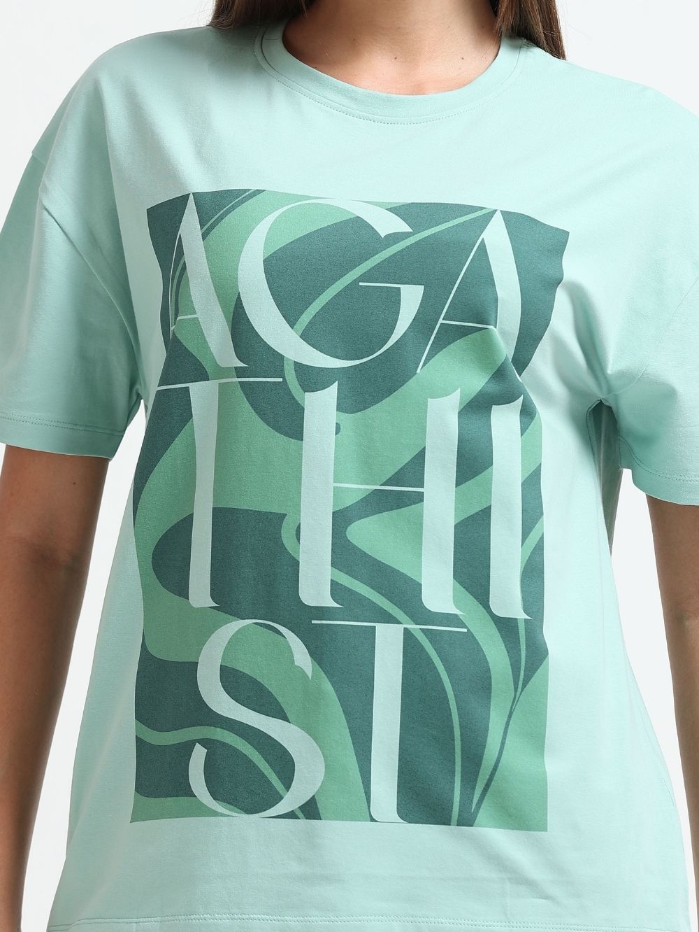 Womens Organic Cotton Contemporary Typography Print Oversize T-Shirt - Cameo Green