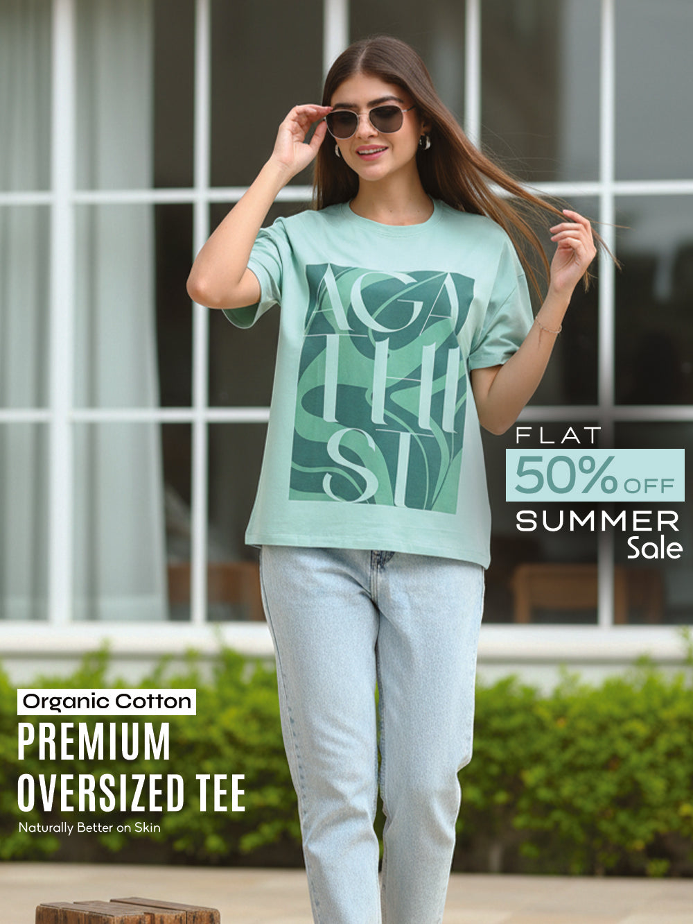 Womens Organic Cotton Contemporary Typography Print Oversize T-Shirt - Cameo Green