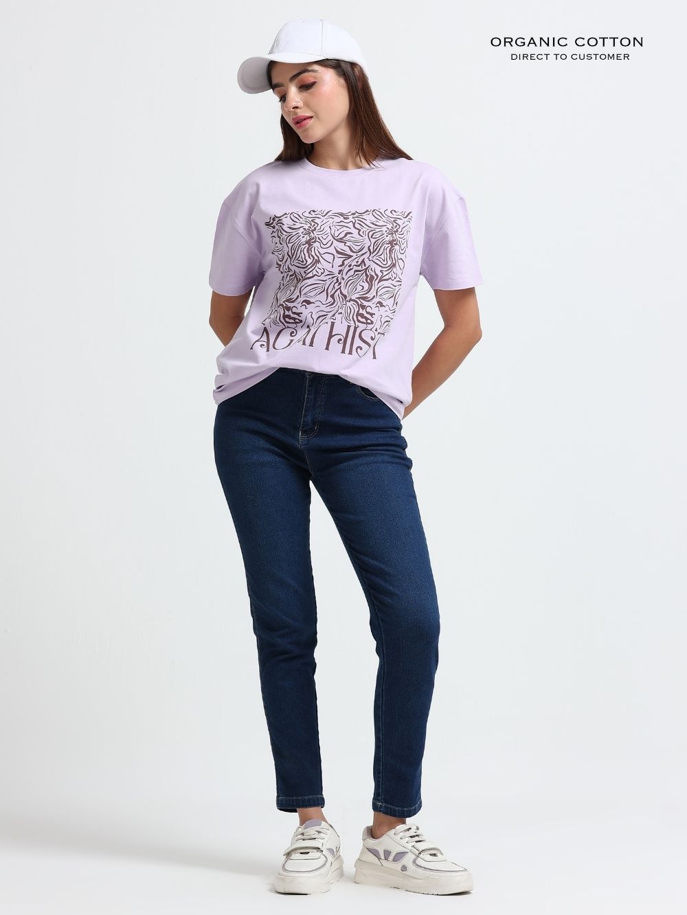 Womens Organic Cotton Agathist Floral Print Oversize T-Shirt - Light Purple